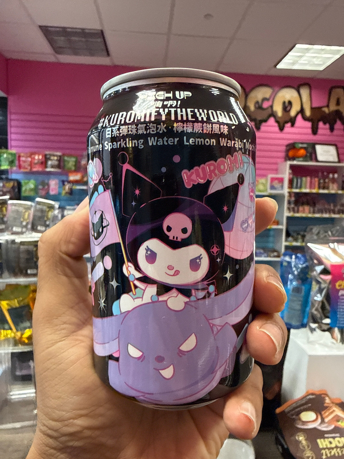 KUROMI, THE WORLD, JAPANESE RAMUNE, SPARKLING WATER, LEMON WARABI MOCHI FLAVOR, PRODUCT OF TAIWAN 🇹🇼 HI WELCOME IN