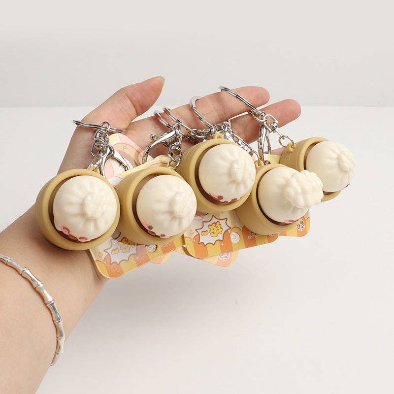 Simulation Steamed Bun Squishy Keychain Steamer Basket Emoji Bao Press Toy Pendant