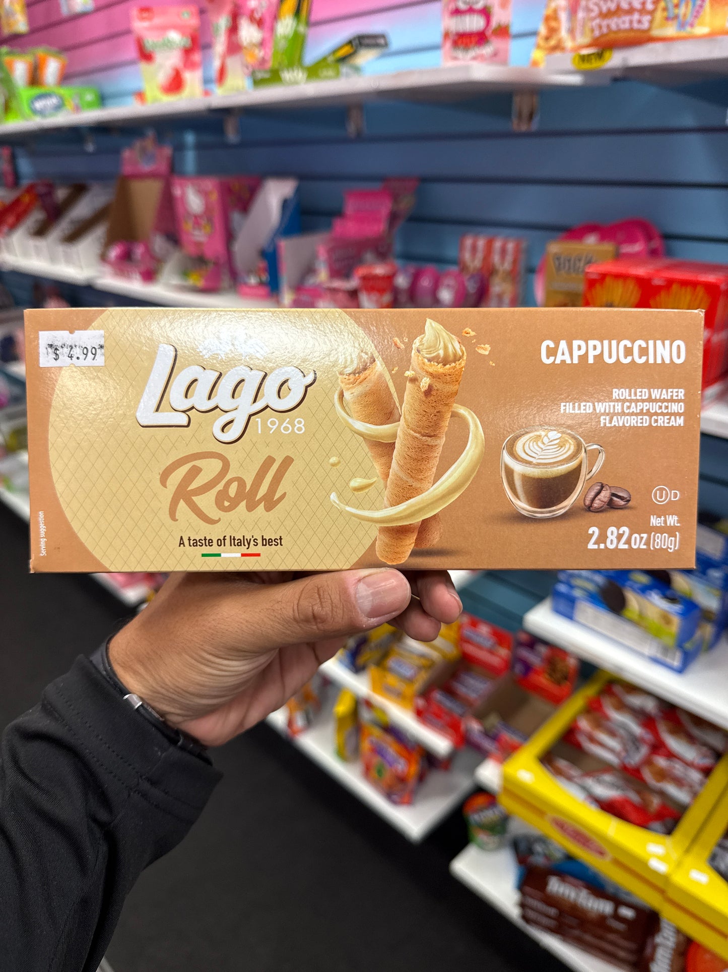 LAGO 1968 ROLL A TASTE OF ITALY’S BEST CAPPUCCINO ROLLED WAFER FILLED WITH CAPPUCCINO FLAVORED CREAM PRODUCT OF ITALY 🇮🇹