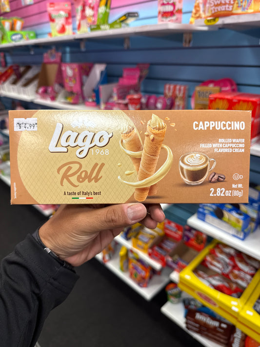 LAGO 1968 ROLL A TASTE OF ITALY’S BEST CAPPUCCINO ROLLED WAFER FILLED WITH CAPPUCCINO FLAVORED CREAM PRODUCT OF ITALY 🇮🇹