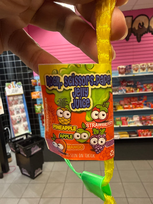 Rock scissors, paper, jelly, juice, pineapple flavor, strawberry flavor, apple mango, and grape flavor